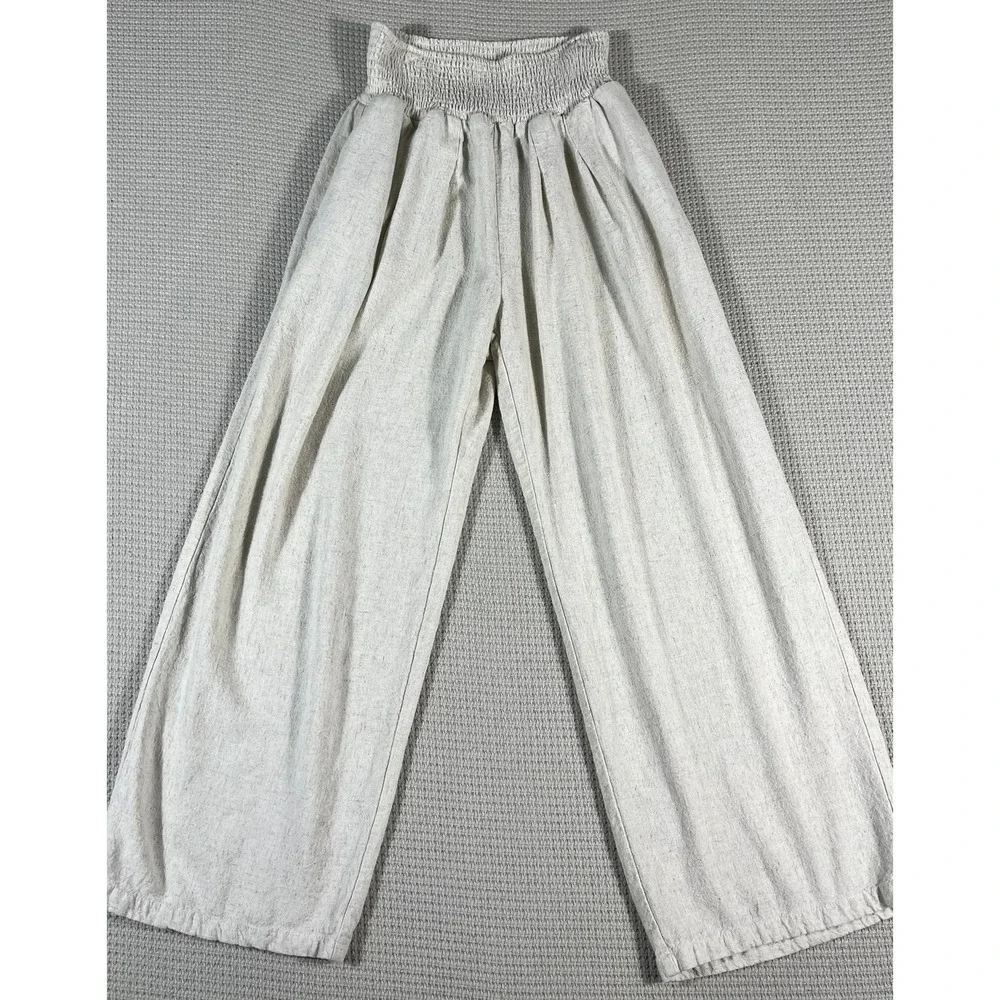 UEU Womens Beige Linen Blend Wide Leg Smocked High Waist Palazzo Pants Size M